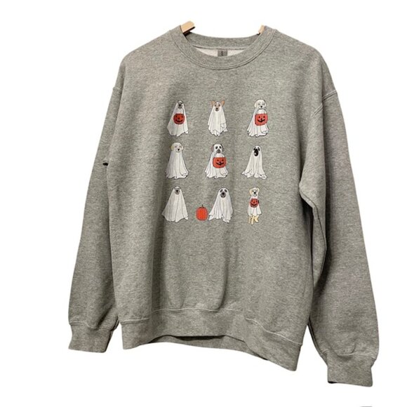 Halloween Graphic Crewneck Sweatshirt Ghost Dogs Print Size Medium - Picture 2 of 9